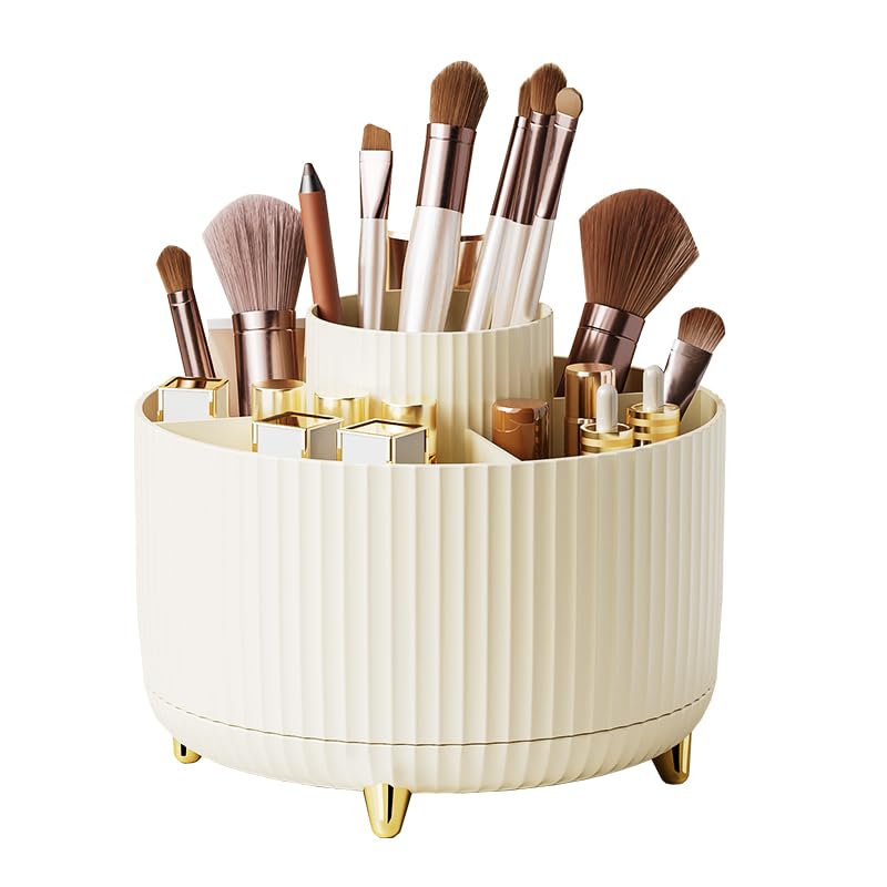 Diesisa Makeup Brush Holder Organizer,360° Rotating Makeup Brush Organizer,5 Slot Make up Brushes Cup for Cosmetics, Nail Polish, Art Supply, Bathroom Vanity Desktop Organizer - White