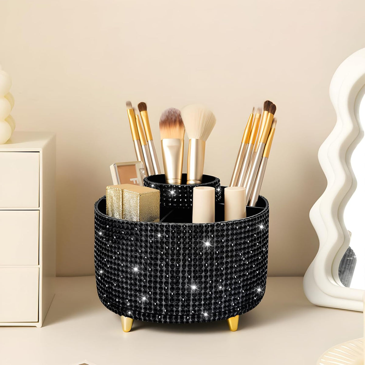 Diesisa Makeup Brush Holder Organizer,360° Rotating Makeup Brush Organizer,5 Slot Make up Brushes Cup for Cosmetics, Nail Polish, Art Supply, Bathroom Vanity Desktop Organizer - White