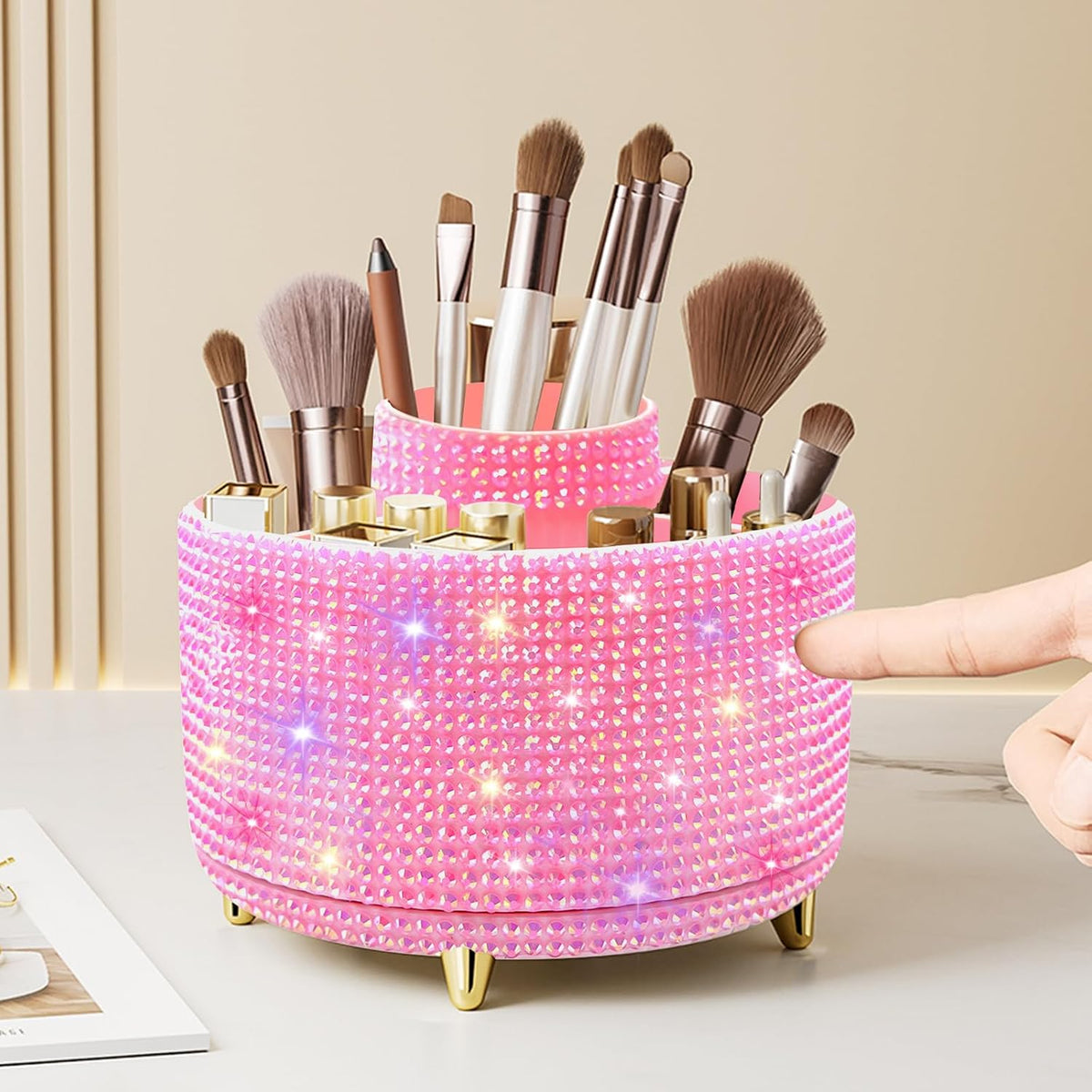Diesisa Makeup Brush Holder Organizer,360° Rotating Makeup Brush Organizer,5 Slot Make up Brushes Cup for Cosmetics, Nail Polish, Art Supply, Bathroom Vanity Desktop Organizer - White