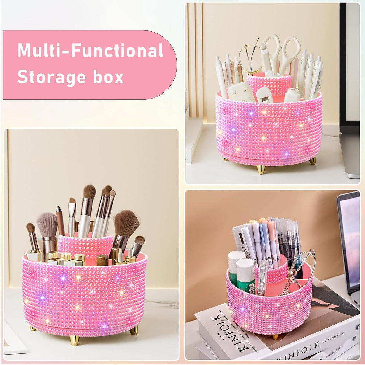 Diesisa Makeup Brush Holder Organizer,360° Rotating Makeup Brush Organizer,5 Slot Make up Brushes Cup for Cosmetics, Nail Polish, Art Supply, Bathroom Vanity Desktop Organizer - White