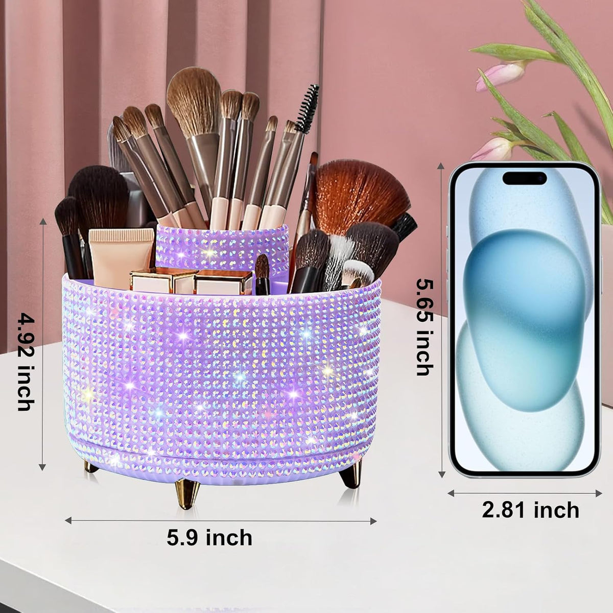 Diesisa Makeup Brush Holder Organizer,360° Rotating Makeup Brush Organizer,5 Slot Make up Brushes Cup for Cosmetics, Nail Polish, Art Supply, Bathroom Vanity Desktop Organizer - White