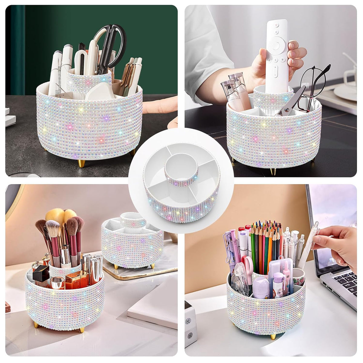Diesisa Makeup Brush Holder Organizer,360° Rotating Makeup Brush Organizer,5 Slot Make up Brushes Cup for Cosmetics, Nail Polish, Art Supply, Bathroom Vanity Desktop Organizer - White