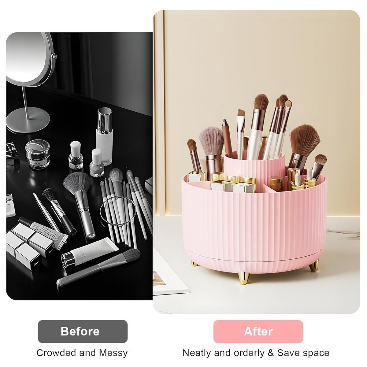 Diesisa Makeup Brush Holder Organizer,360° Rotating Makeup Brush Organizer,5 Slot Make up Brushes Cup for Cosmetics, Nail Polish, Art Supply, Bathroom Vanity Desktop Organizer - White