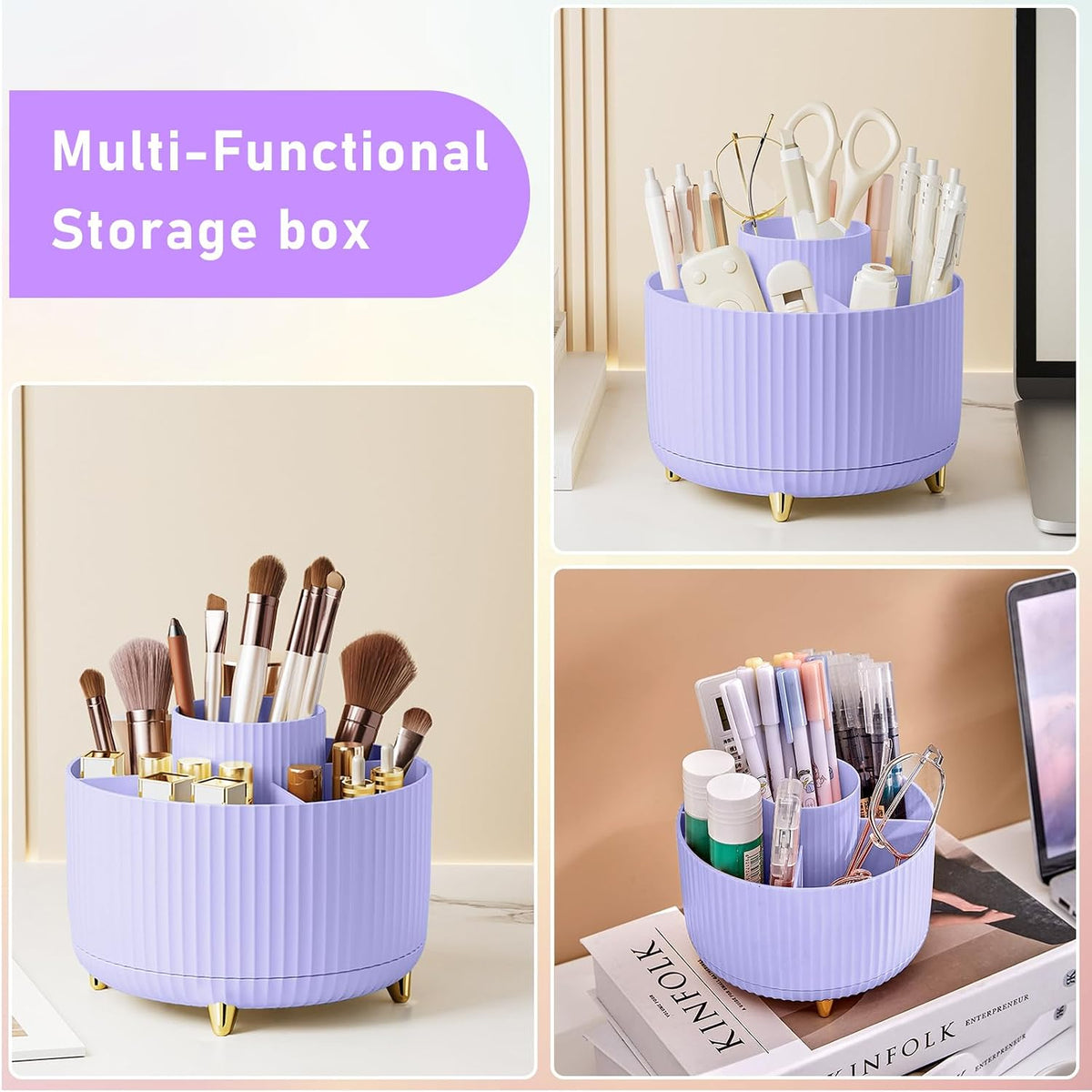 Diesisa Makeup Brush Holder Organizer,360° Rotating Makeup Brush Organizer,5 Slot Make up Brushes Cup for Cosmetics, Nail Polish, Art Supply, Bathroom Vanity Desktop Organizer - White
