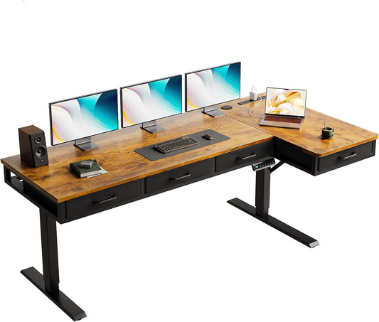 OffiGo 63 Inch L Shaped Electric Standing Desk with 4 Drawers, Rustic Brown