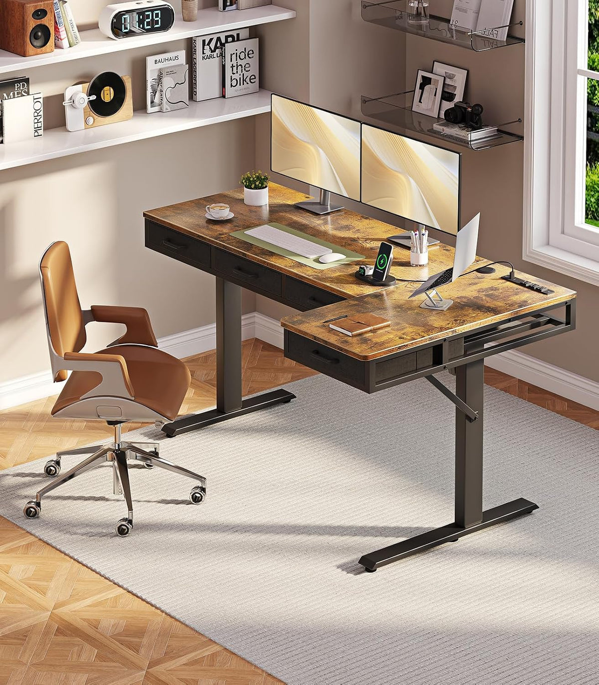 OffiGo 63 Inch L Shaped Electric Standing Desk with 4 Drawers, Rustic Brown