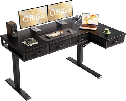 OffiGo 63 Inch L Shaped Electric Standing Desk with 4 Drawers, Rustic Brown