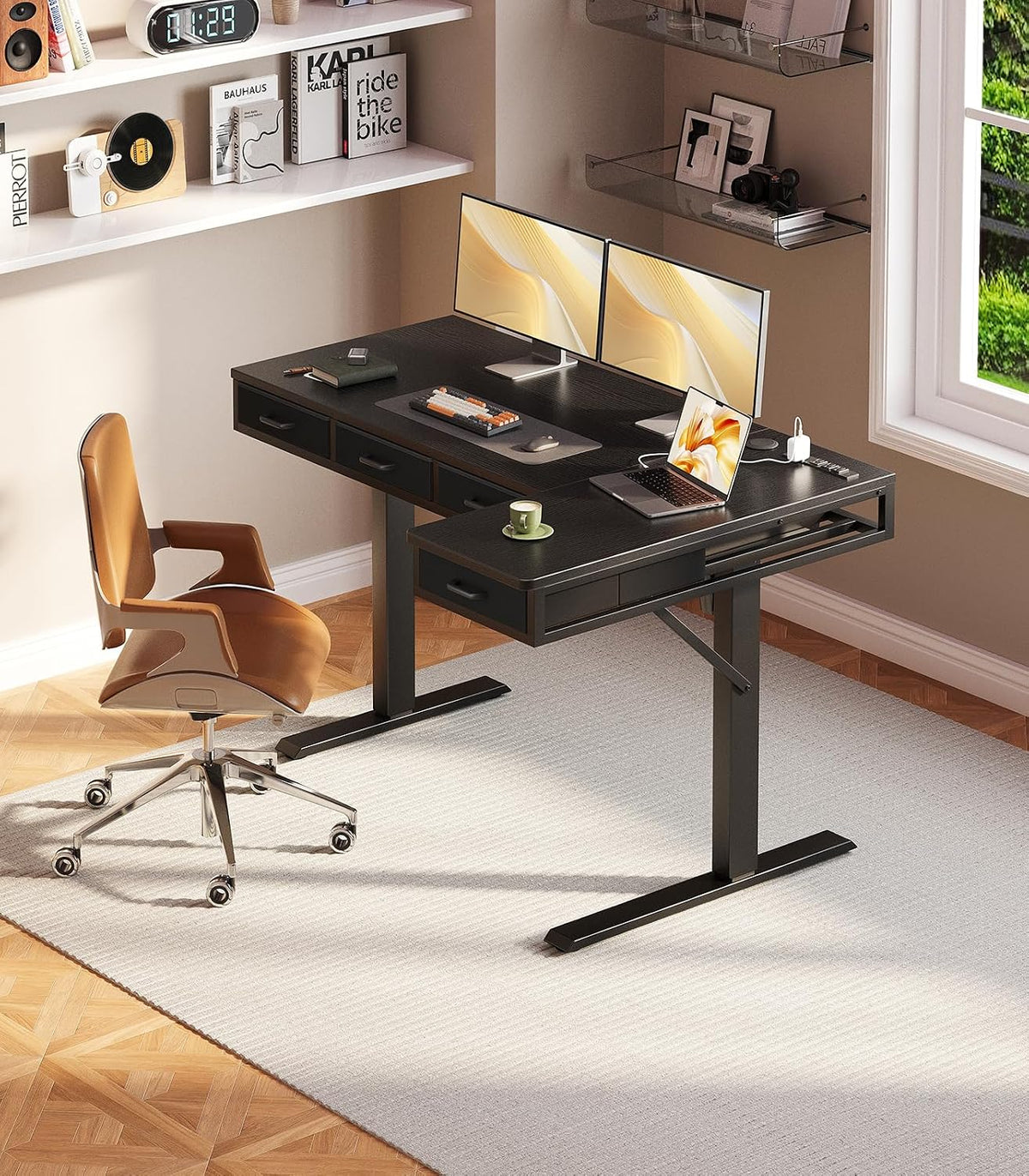 OffiGo 63 Inch L Shaped Electric Standing Desk with 4 Drawers, Rustic Brown
