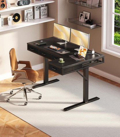 OffiGo 63 Inch L Shaped Electric Standing Desk with 4 Drawers, Rustic Brown