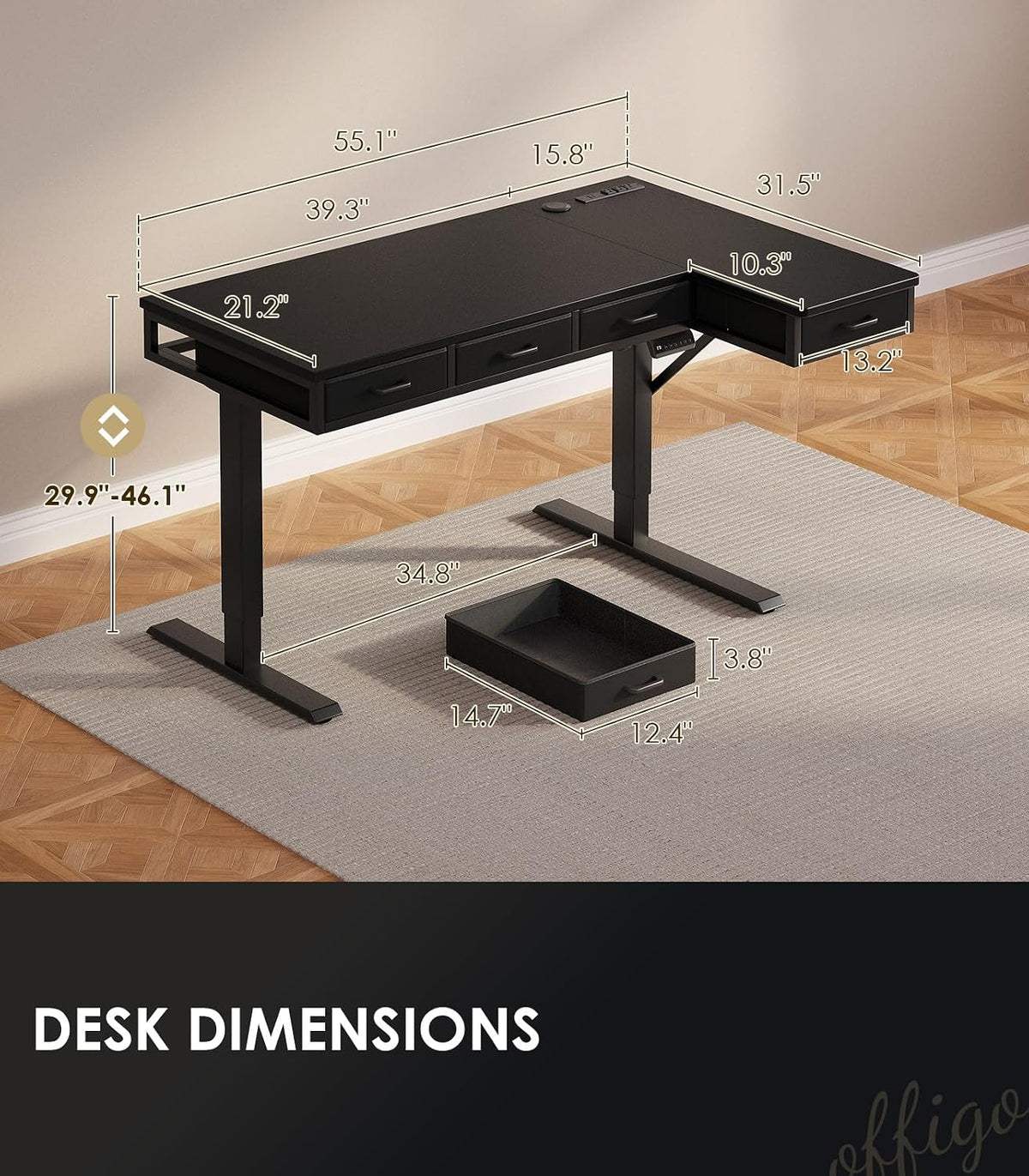 OffiGo 63 Inch L Shaped Electric Standing Desk with 4 Drawers, Rustic Brown