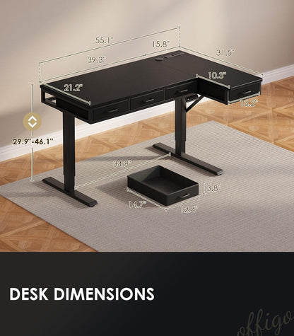 OffiGo 63 Inch L Shaped Electric Standing Desk with 4 Drawers, Rustic Brown