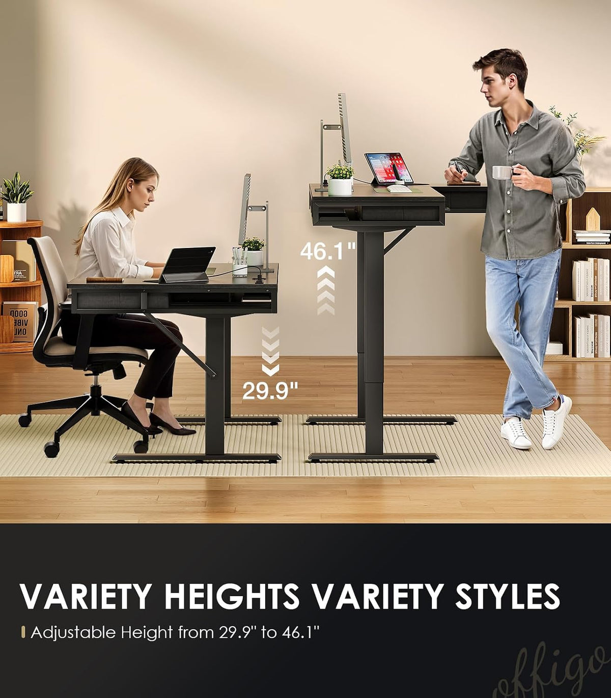 OffiGo 63 Inch L Shaped Electric Standing Desk with 4 Drawers, Rustic Brown