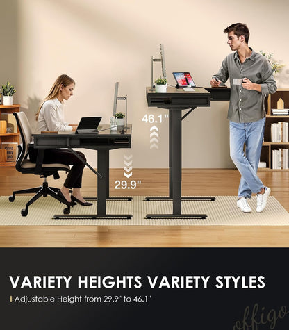 OffiGo 63 Inch L Shaped Electric Standing Desk with 4 Drawers, Rustic Brown