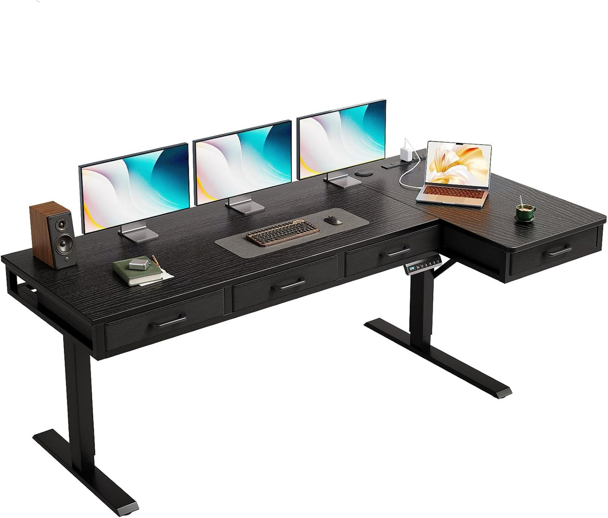 OffiGo 63 Inch L Shaped Electric Standing Desk with 4 Drawers, Rustic Brown