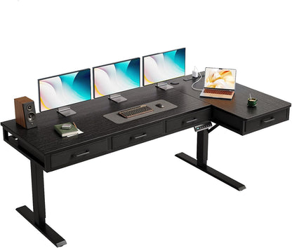 OffiGo 63 Inch L Shaped Electric Standing Desk with 4 Drawers, Rustic Brown