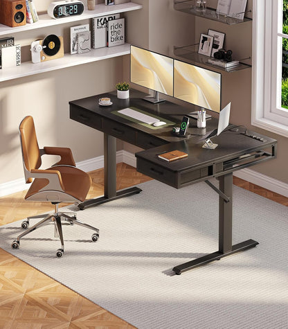 OffiGo 63 Inch L Shaped Electric Standing Desk with 4 Drawers, Rustic Brown