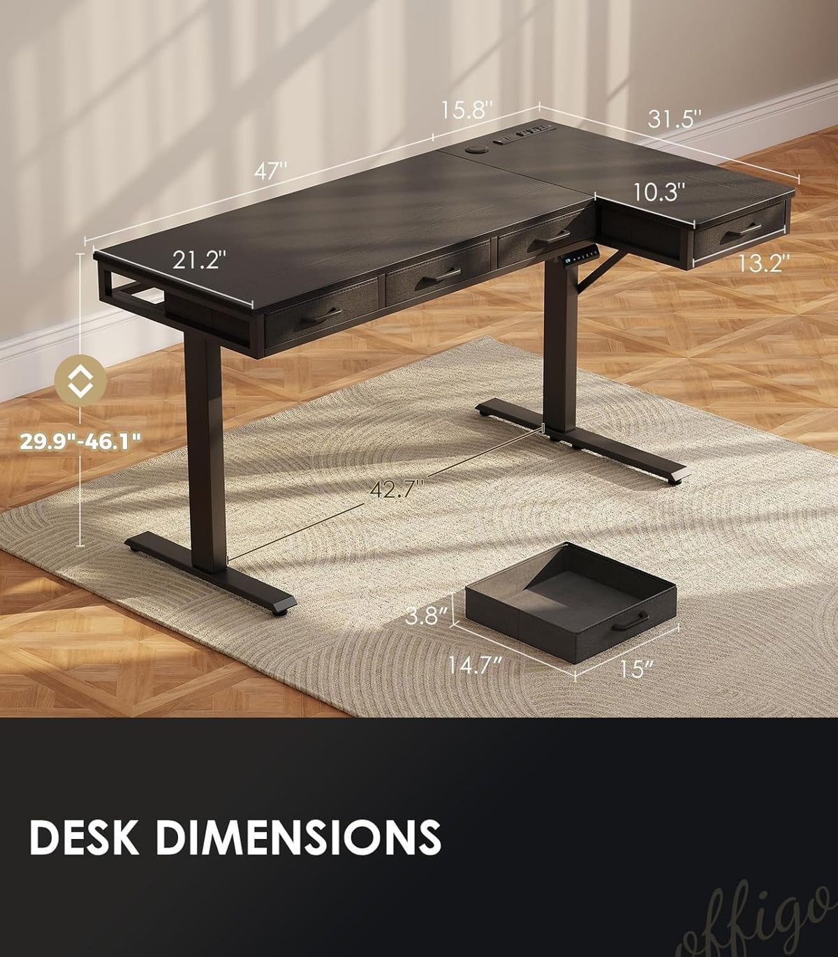 OffiGo 63 Inch L Shaped Electric Standing Desk with 4 Drawers, Rustic Brown