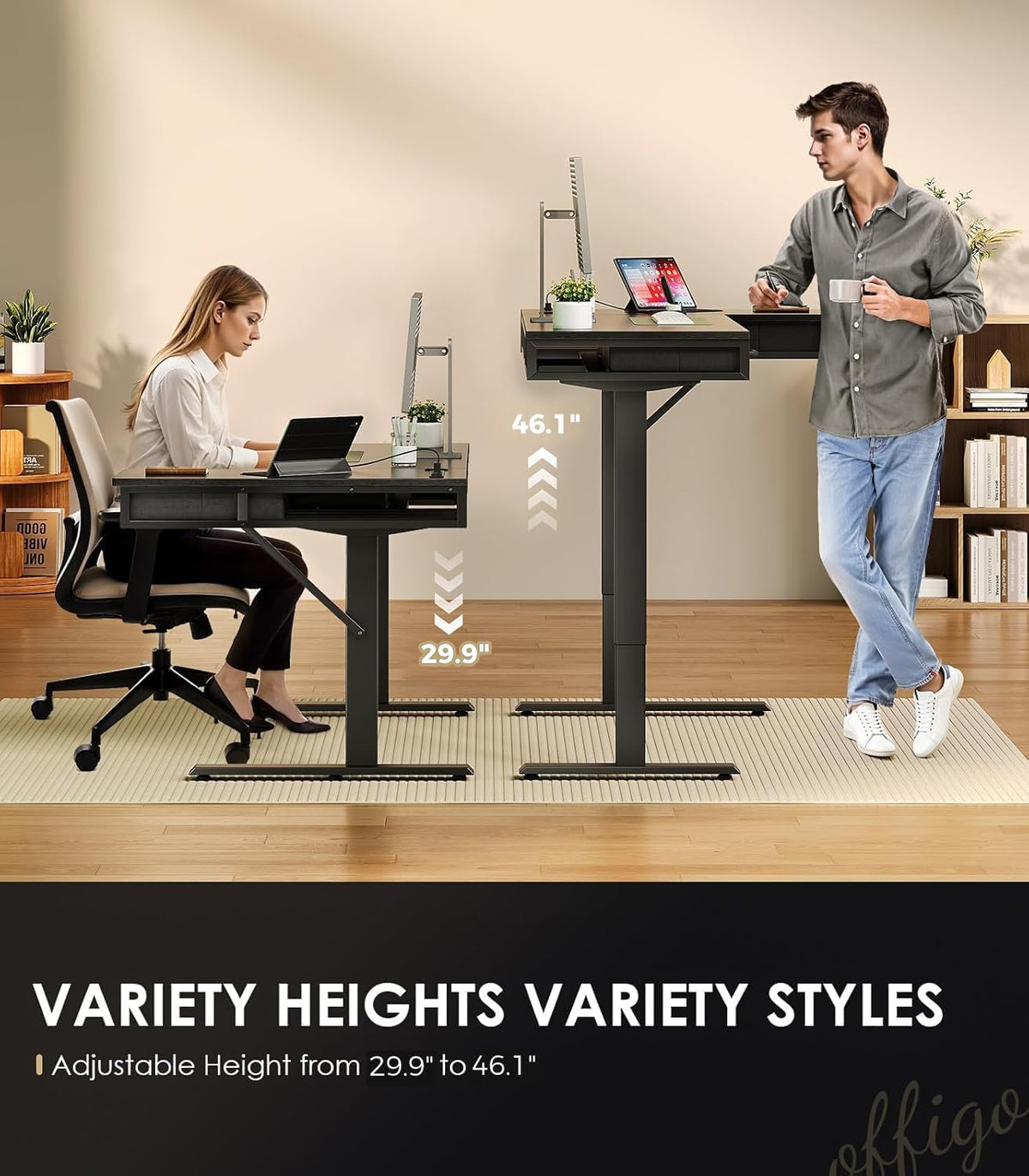 OffiGo 63 Inch L Shaped Electric Standing Desk with 4 Drawers, Rustic Brown