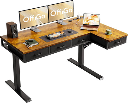 OffiGo 63 Inch L Shaped Electric Standing Desk with 4 Drawers, Rustic Brown