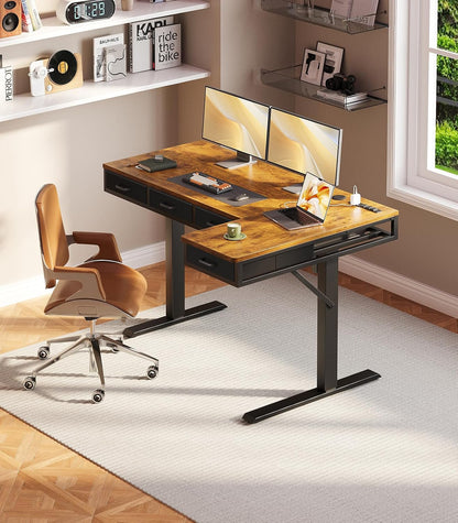 OffiGo 63 Inch L Shaped Electric Standing Desk with 4 Drawers, Rustic Brown