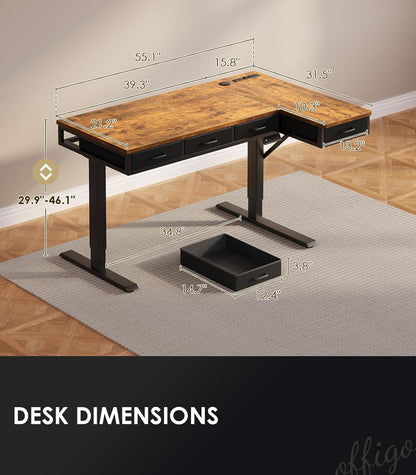 OffiGo 63 Inch L Shaped Electric Standing Desk with 4 Drawers, Rustic Brown
