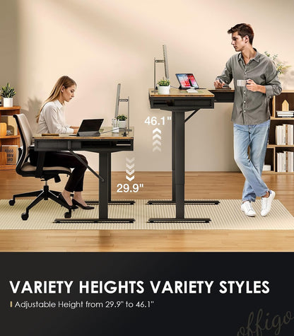 OffiGo 63 Inch L Shaped Electric Standing Desk with 4 Drawers, Rustic Brown