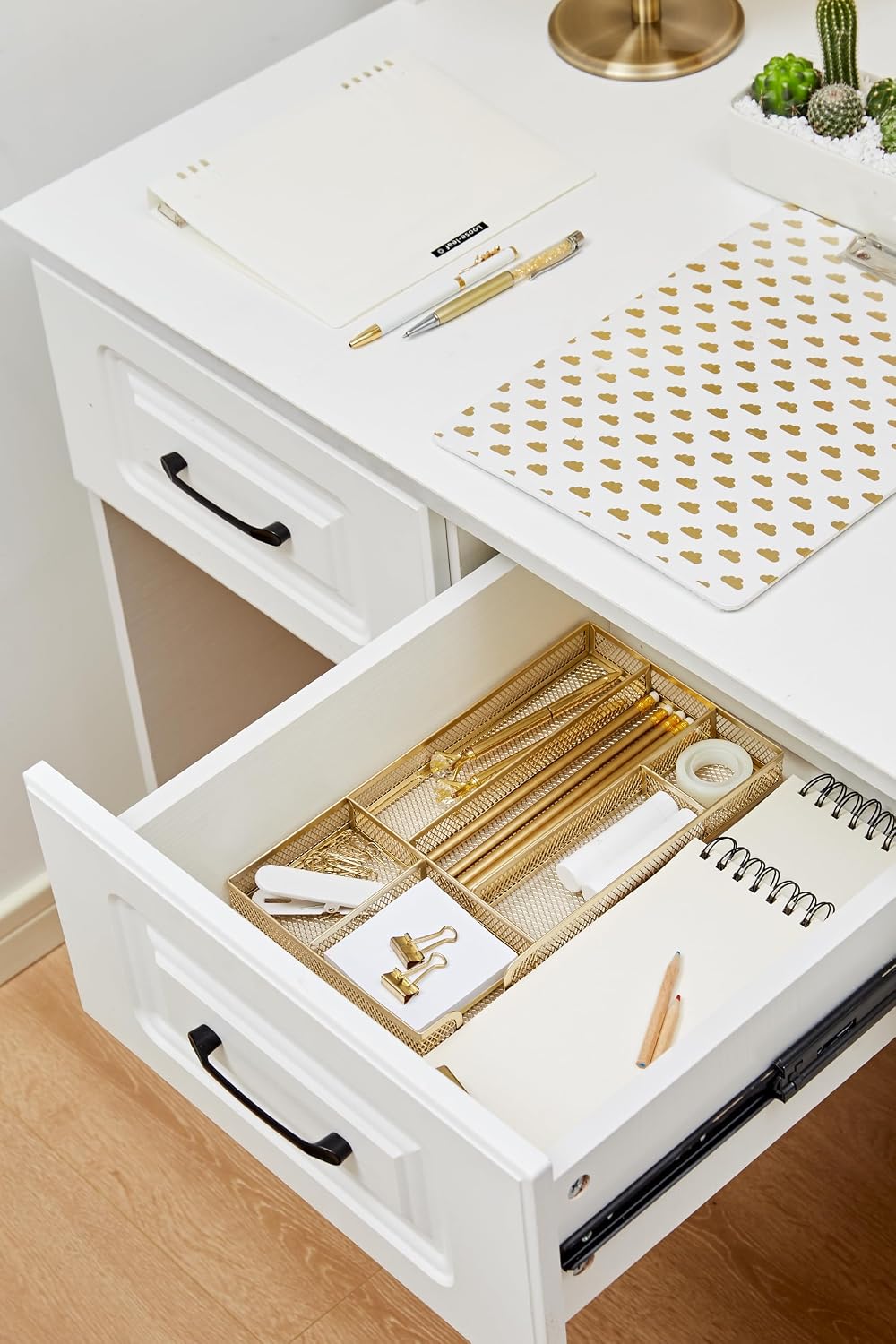 Annova Desk Drawer Organizer Tray for Office Organization - Metal Mesh - Storage Tray with Dividers for Pens, Desktop Accessories, Bathroom, Kitchen, Makeup and Office Supplies (Small, Gold)