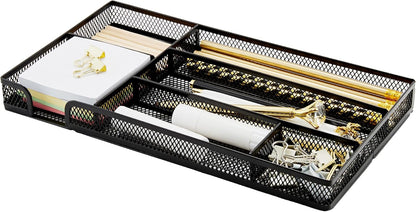 Annova Desk Drawer Organizer Tray for Office Organization - Metal Mesh - Storage Tray with Dividers for Pens, Desktop Accessories, Bathroom, Kitchen, Makeup and Office Supplies (Small, Gold)