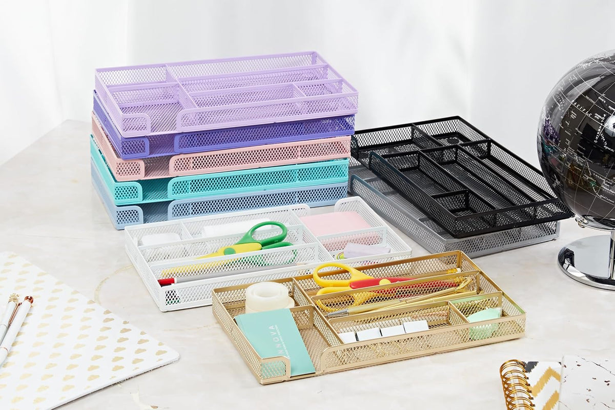 Annova Desk Drawer Organizer Tray for Office Organization - Metal Mesh - Storage Tray with Dividers for Pens, Desktop Accessories, Bathroom, Kitchen, Makeup and Office Supplies (Small, Gold)