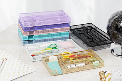 Annova Desk Drawer Organizer Tray for Office Organization - Metal Mesh - Storage Tray with Dividers for Pens, Desktop Accessories, Bathroom, Kitchen, Makeup and Office Supplies (Small, Gold)