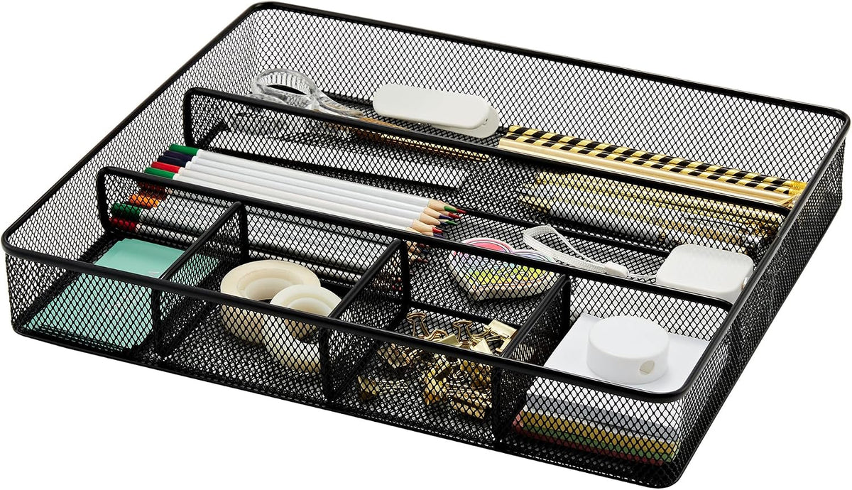 Annova Desk Drawer Organizer Tray for Office Organization - Metal Mesh - Storage Tray with Dividers for Pens, Desktop Accessories, Bathroom, Kitchen, Makeup and Office Supplies (Small, Gold)