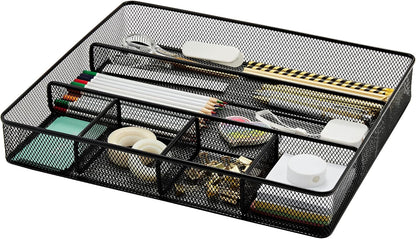 Annova Desk Drawer Organizer Tray for Office Organization - Metal Mesh - Storage Tray with Dividers for Pens, Desktop Accessories, Bathroom, Kitchen, Makeup and Office Supplies (Small, Gold)
