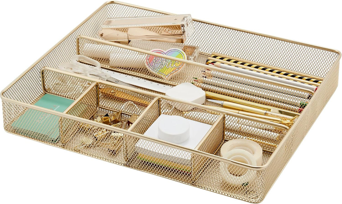 Annova Desk Drawer Organizer Tray for Office Organization - Metal Mesh - Storage Tray with Dividers for Pens, Desktop Accessories, Bathroom, Kitchen, Makeup and Office Supplies (Small, Gold)