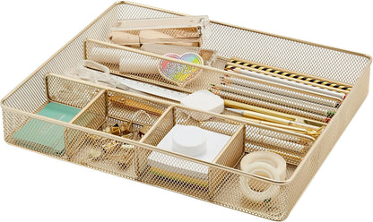 Annova Desk Drawer Organizer Tray for Office Organization - Metal Mesh - Storage Tray with Dividers for Pens, Desktop Accessories, Bathroom, Kitchen, Makeup and Office Supplies (Small, Gold)