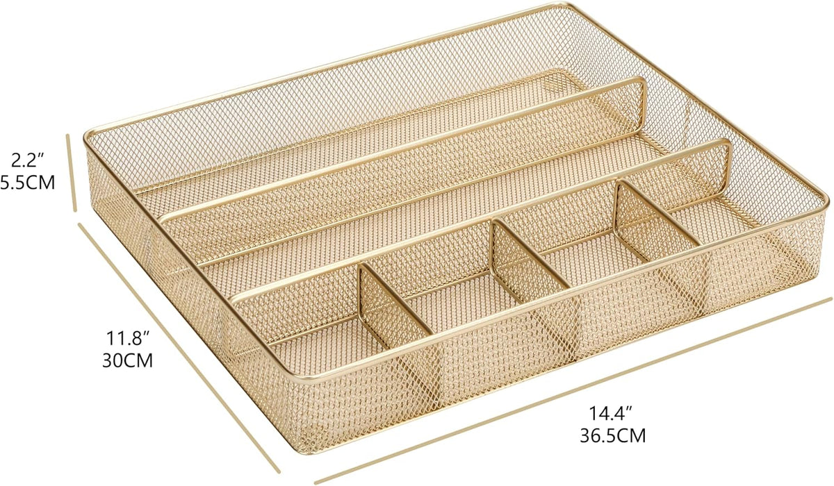 Annova Desk Drawer Organizer Tray for Office Organization - Metal Mesh - Storage Tray with Dividers for Pens, Desktop Accessories, Bathroom, Kitchen, Makeup and Office Supplies (Small, Gold)