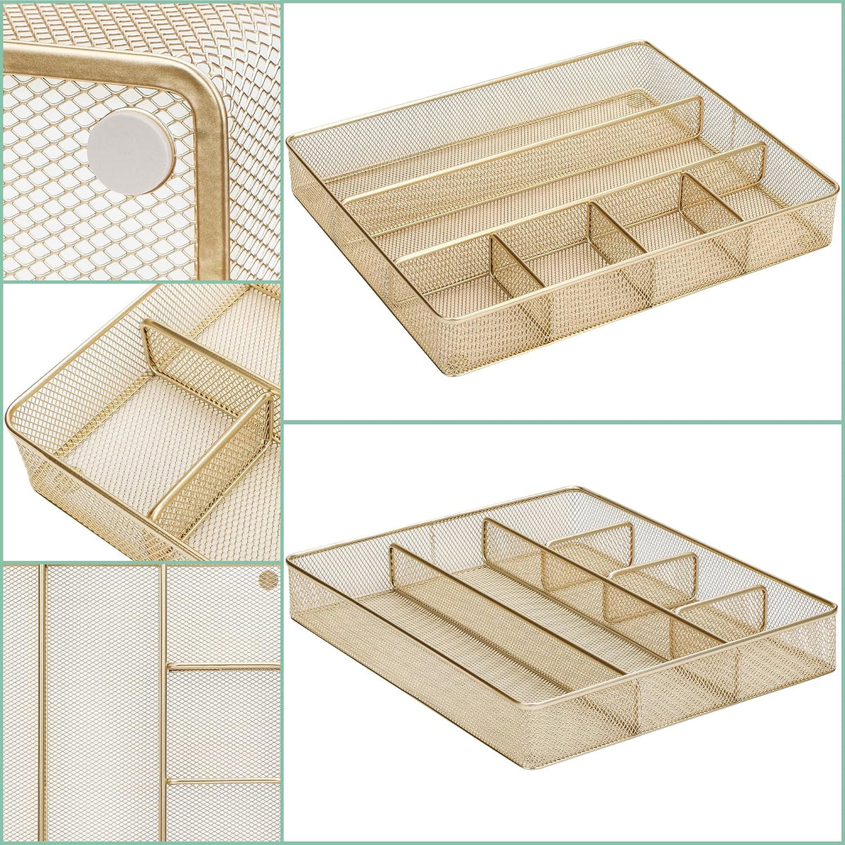 Annova Desk Drawer Organizer Tray for Office Organization - Metal Mesh - Storage Tray with Dividers for Pens, Desktop Accessories, Bathroom, Kitchen, Makeup and Office Supplies (Small, Gold)