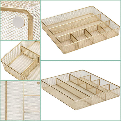 Annova Desk Drawer Organizer Tray for Office Organization - Metal Mesh - Storage Tray with Dividers for Pens, Desktop Accessories, Bathroom, Kitchen, Makeup and Office Supplies (Small, Gold)