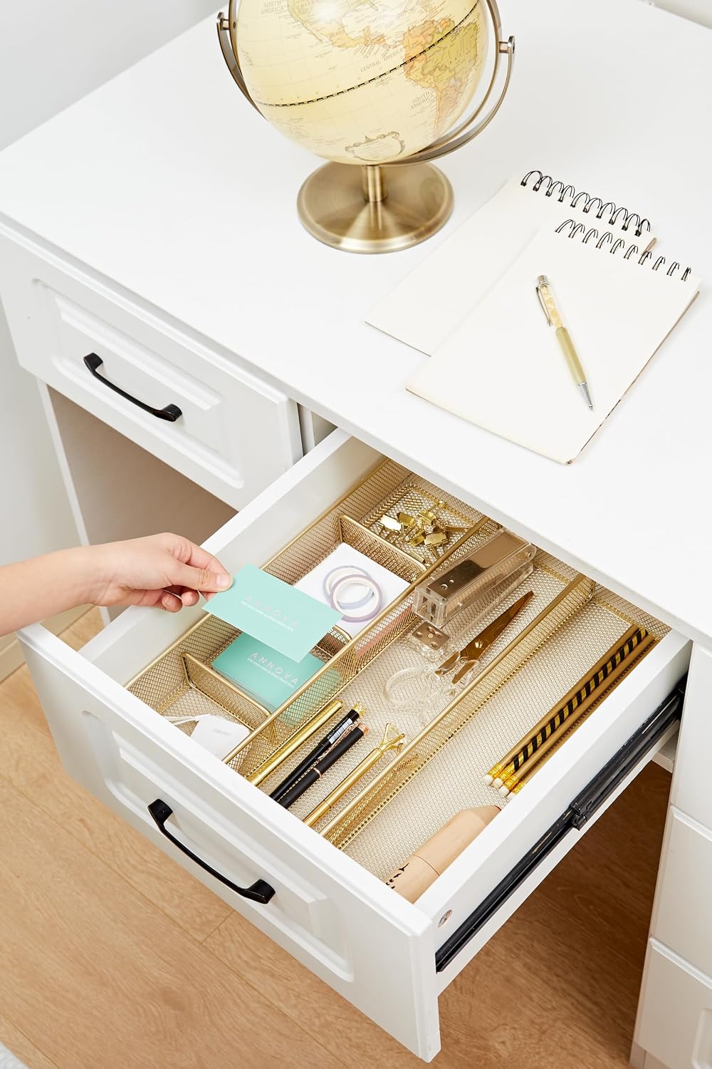Annova Desk Drawer Organizer Tray for Office Organization - Metal Mesh - Storage Tray with Dividers for Pens, Desktop Accessories, Bathroom, Kitchen, Makeup and Office Supplies (Small, Gold)