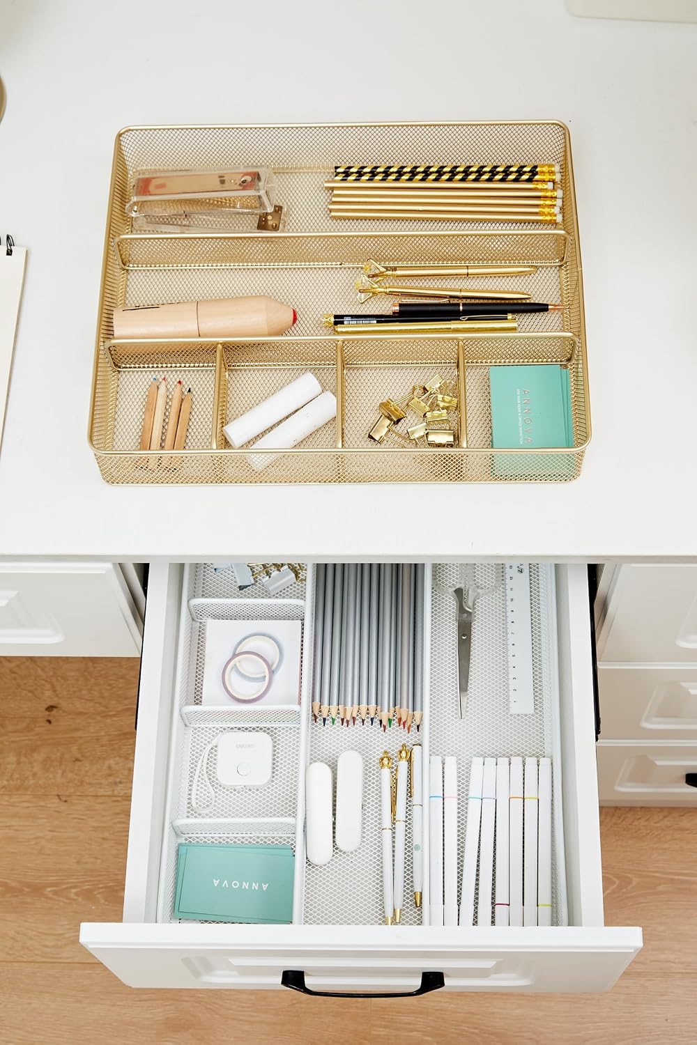 Annova Desk Drawer Organizer Tray for Office Organization - Metal Mesh - Storage Tray with Dividers for Pens, Desktop Accessories, Bathroom, Kitchen, Makeup and Office Supplies (Small, Gold)