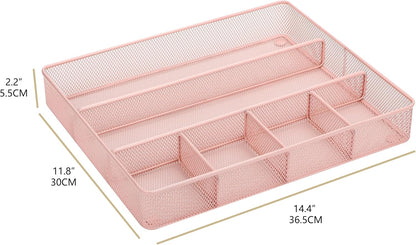 Annova Desk Drawer Organizer Tray for Office Organization - Metal Mesh - Storage Tray with Dividers for Pens, Desktop Accessories, Bathroom, Kitchen, Makeup and Office Supplies (Small, Gold)
