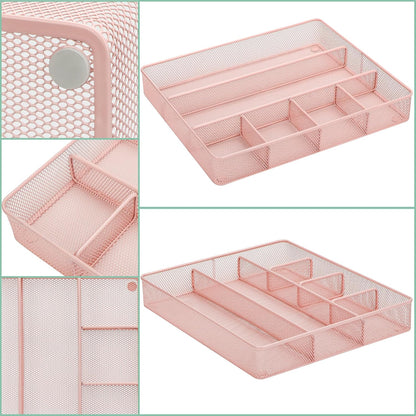 Annova Desk Drawer Organizer Tray for Office Organization - Metal Mesh - Storage Tray with Dividers for Pens, Desktop Accessories, Bathroom, Kitchen, Makeup and Office Supplies (Small, Gold)