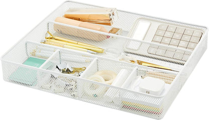 Annova Desk Drawer Organizer Tray for Office Organization - Metal Mesh - Storage Tray with Dividers for Pens, Desktop Accessories, Bathroom, Kitchen, Makeup and Office Supplies (Small, Gold)