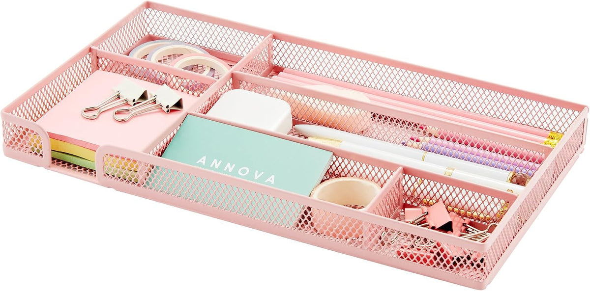 Annova Desk Drawer Organizer Tray for Office Organization - Metal Mesh - Storage Tray with Dividers for Pens, Desktop Accessories, Bathroom, Kitchen, Makeup and Office Supplies (Small, Gold)