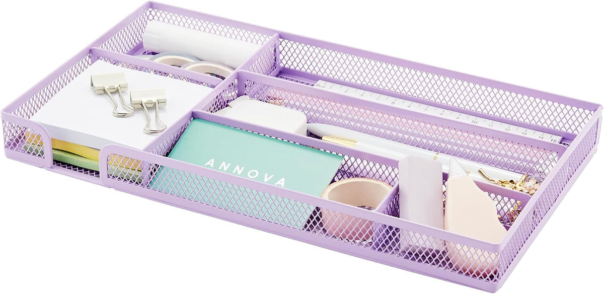 Annova Desk Drawer Organizer Tray for Office Organization - Metal Mesh - Storage Tray with Dividers for Pens, Desktop Accessories, Bathroom, Kitchen, Makeup and Office Supplies (Small, Gold)