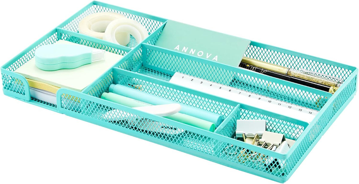 Annova Desk Drawer Organizer Tray for Office Organization - Metal Mesh - Storage Tray with Dividers for Pens, Desktop Accessories, Bathroom, Kitchen, Makeup and Office Supplies (Small, Gold)
