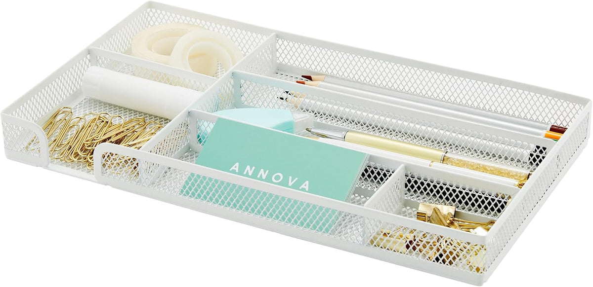 Annova Desk Drawer Organizer Tray for Office Organization - Metal Mesh - Storage Tray with Dividers for Pens, Desktop Accessories, Bathroom, Kitchen, Makeup and Office Supplies (Small, Gold)