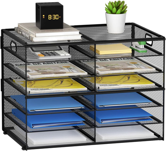 12 Compartments Paper Organizer for Desk, Mesh Literature Organizer, Mail File Sorter Tray with Handle, Desktop Mailbox for Office Classroom Home, Black
