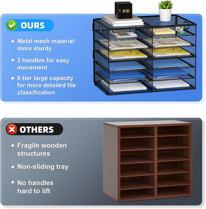 12 Compartments Paper Organizer for Desk, Mesh Literature Organizer, Mail File Sorter Tray with Handle, Desktop Mailbox for Office Classroom Home, Black