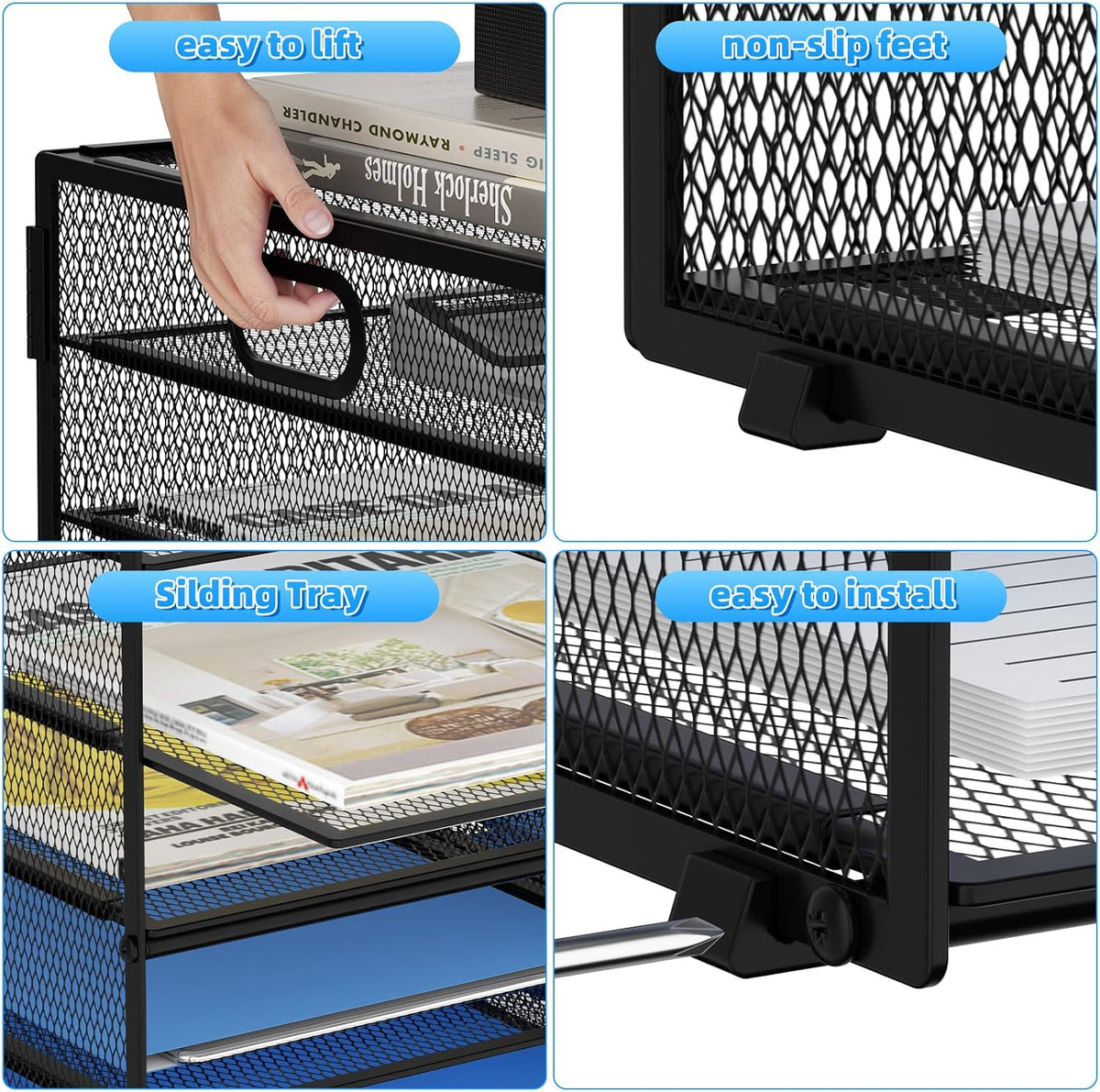 12 Compartments Paper Organizer for Desk, Mesh Literature Organizer, Mail File Sorter Tray with Handle, Desktop Mailbox for Office Classroom Home, Black