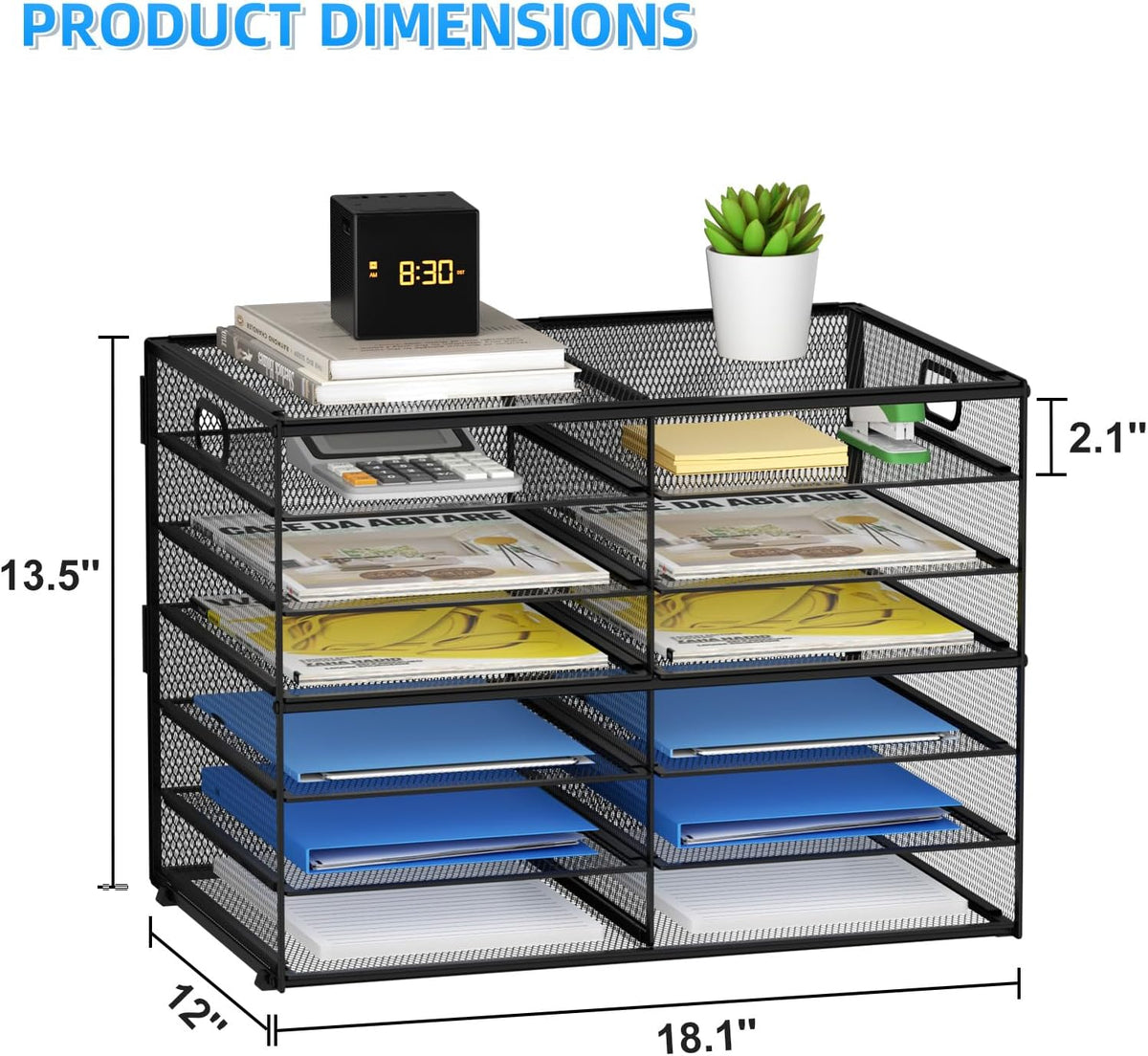 12 Compartments Paper Organizer for Desk, Mesh Literature Organizer, Mail File Sorter Tray with Handle, Desktop Mailbox for Office Classroom Home, Black